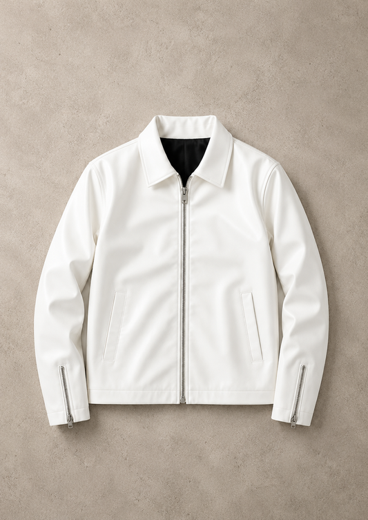 White Faux Leather Jacket with Zip Closure